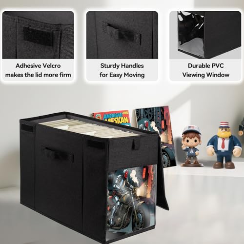 Image of 2 Pack Comic Book Storage Box with Lid for Modern Age, Collapsible Magazine Organizer with Clear Window, Heavy Duty Case Container Holder, Black