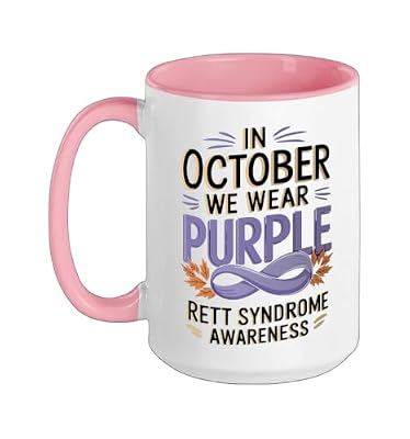 In October We Wear Purple Rett Syndrome Awareness Ceramic Mug, Pink/White, 15oz