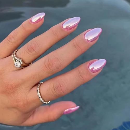 MERVF Round Press on Nails Short Pure Pink Chrome Glue on Nails Solid...