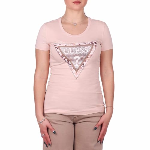 GUESS Women's Eco Short Sleeve Cheeta Logo Triangle Tee, Dimrose, XS