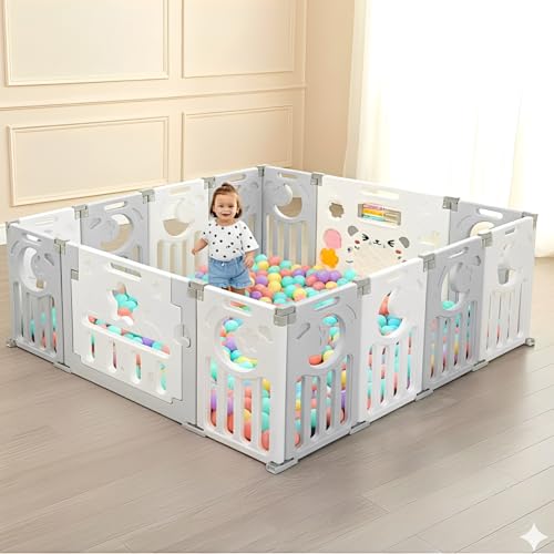 Image of Hukimoyo Large Baby Playpen 16 Panels /30 Sq Ft Play Area Indoor Setup with Mat ,balls | Play Yard for Babies 0-3 Years with Padded Boundary |Indoor Outdoor Toddler , infant fence Activity Center with Safety Door Lock & Suction Cups (5 * 6 FT)