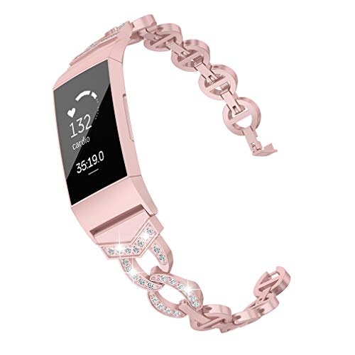 Glebo Compatible with Fitbit Charge 3 Bands for Women, Charge 4 Bands, Premium Metal Straps Bracelet Small Large Wristbands Accessories for Fit Bit Charge 3 Watch Bands Rose Gold