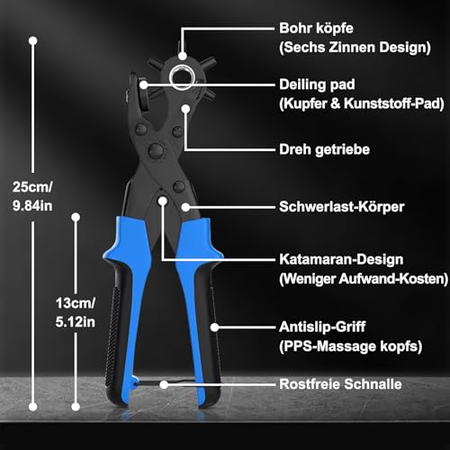 Lochzange für Leder [Volles Set], Diyife Gürtel Lochermit Komforthebel, Heavy Duty Lochzange mit 2 Extra Punch Platten und Lineal, Multi Sized Puncher für Gürtel, Kunsthandwerk, Karte, Gummi