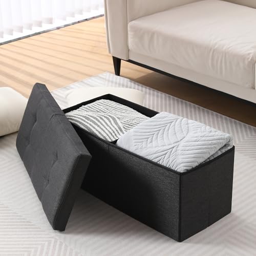 Image of Storage Ottoman Bench Foldable Footrest Foot Stool, 30 inch Fabric Black | Small Ottoman Foot Rest Seat Shoe Bench Flip-Top forliving Room End of Bed Bedroom Couch Dorm, 80L Folding Upholstered Chair