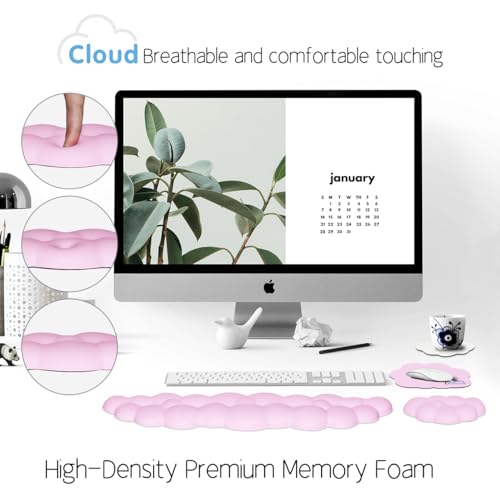 Image of 4 in 1 Ergonomic Leather Cloud Wrist Rest Keyboard and Mouse Pad & Coaster | Full 4-Piece Set, Non-Slip PU Base, Soft Memory Foam Comfort For Long Work /Gaming Hours, Cute Desk Decor, Easy To Clean