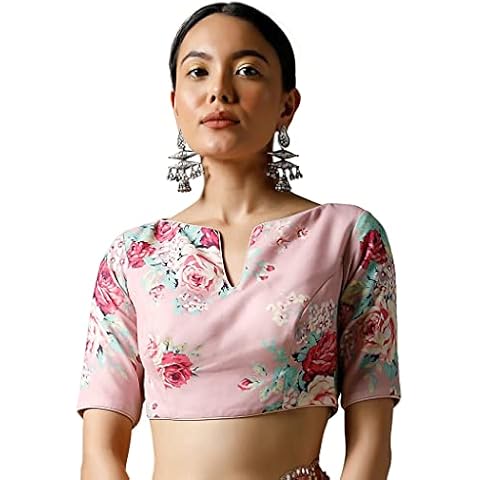 Women's Readymade Satin Blouse For Sarees || Indian Designer Bollywood Padded Stitched Crop Top Choli, Pink, Large Cover