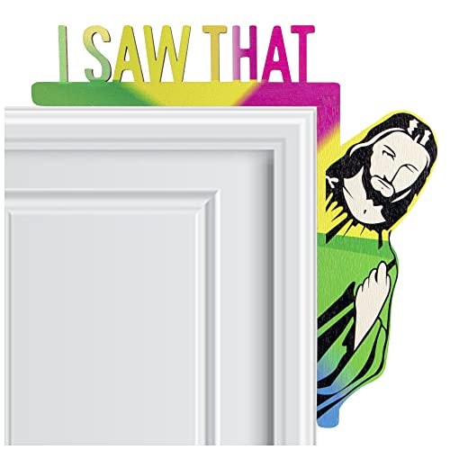 squacco I Saw That Jesus Sign Wood Door Corner Wall Sticker Home Christian Church Decorations For Living Room Bedroom Office Outdoor Indoor Frame（Right-Colorful）
