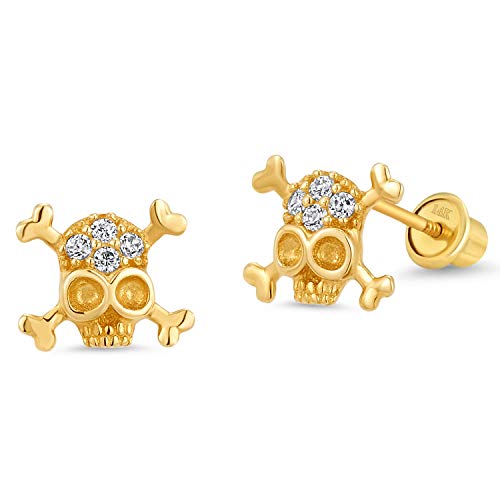 14K Yellow Gold Skull Cubic Zirconia Children Screwback Baby Girls Stud Earrings #TOP12