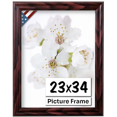 Cherry 23x34 Picture Frame .75" Inch Wide - Cherry Wall Decor Handmade Solid Wood Frames with Preinstalled Hangers and UV Blocking Plexiglass 34x23 Frame