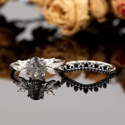 Black Rutilated Quartz Wedding Ring Set for Women 925 Sterling Silver Plated Platinum Art Deco Goth 1.09 CT Natural Gemstone Bridal Engagement Promise Rings for Her Size 4-92