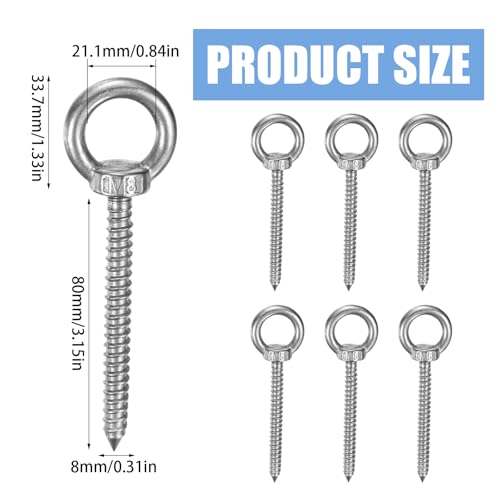 Pack de 6 tornillos de ojo M8 x 80 mm con rosca de precisión para colgar columpios 2