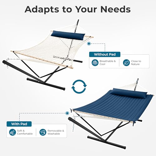Image of SUPERJARE 12ft Double Hammock with Stand, Rope Hammock for 2 Person, Detachable Hammock Bed and Pillow, Portable, Anti-Tip Safety Ropes, Carry Bag, Outdoor Backyard Patio Camping, Navy Blue