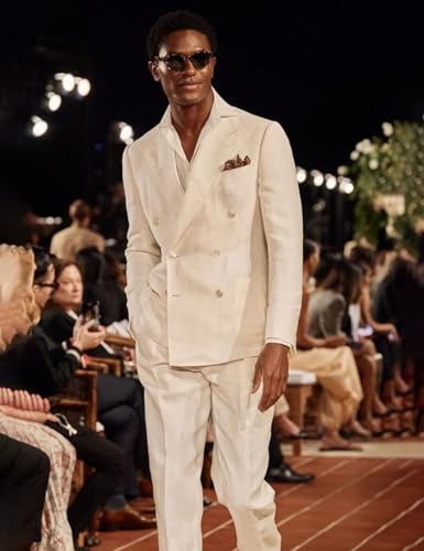 SUZHIMO Men's Linen Suit Double Breasted Suit Men 2 Piece Slim Fit Summer Wedding Suit2