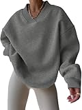 SOLY HUX Sudadera de manga larga para mujer, camiseta de manga larga, cuello en V, camiseta informal para otoño e invierno, gris oscuro, L
