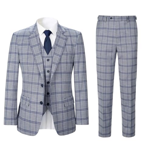Men's 3 Pieces Slim Fit Plaid Suits Wedding Party Checked Tuxedo Blazer Jacket Vest Pants Suit Set