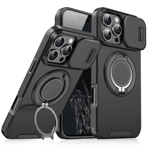 New Slide Camera Protection Magnetic Stand Phone Case for iPhone 16/15/14/13/12/11 Pro Max, with Rotating Stand and Privacy Camera Cover (16ProMax,Black)