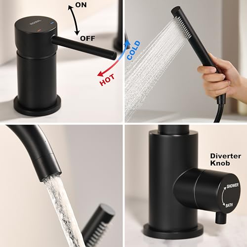 Rigobal T03 Deck Mount Tub Faucet Black With Sprayer High Flow Bathtub Faucets Brass Tub Filler Bathroom Faucets With Handeld Shower Mounted Roman thumb #5