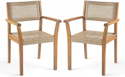 Christopher Knight Home Set of 2 Amaris Farmhouse Patio Garden Furntiure Acacia Wood Dining Chairs, Armchair for Indoor/Outdoor Dinner, Woven Wicker Accents, Poolside Kitchen Side Chair, Teak+Beige - Thumbnail 2