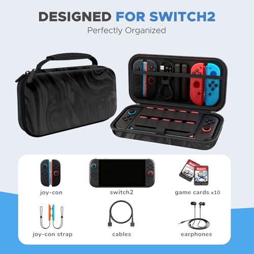 Image of homicozy Carrying Case for Nintendo Switch 2 (2025),Hard Shell Protective Travel Case with 10 Game Cartridges Storage & Accessories Holders,Portable Shockproof Pouch for Console,Black