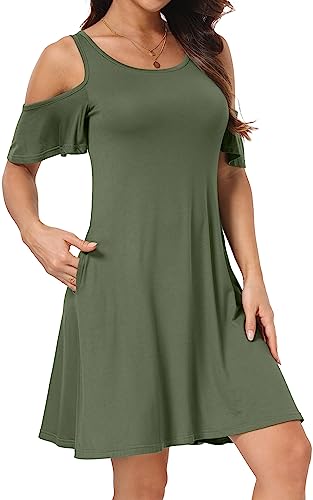 Image of Short /Long Sleeve Women's Cold Shoulder Dress with Pockets Casual Swing T-Shirt Dresses