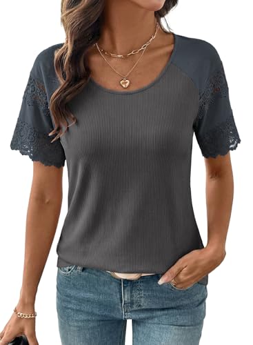 Image of EVALESS Womens Summer Tops Dressy Casual Spring Ribbed Texture Embroidery Short Sleeve Crewneck T Shirts