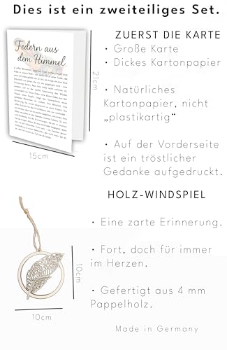Pusteblume Grusskarten Beileidskarte mit Holzfeder Windfänger - Memorial Keepsake mit tröstliche Nachricht für Verlust und Erinnerung Trauerkarte karte trauer