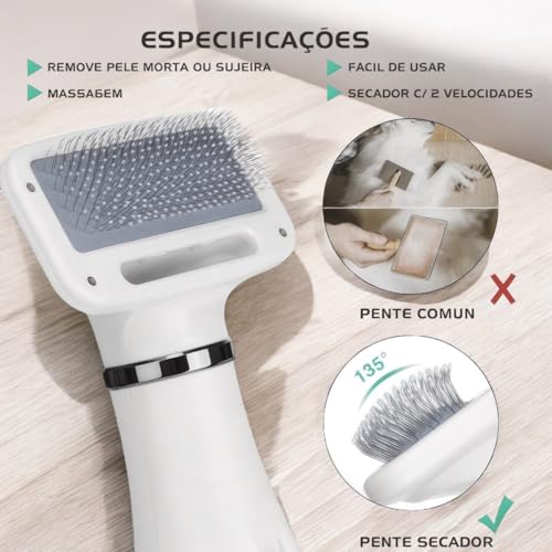 Escova Secadora de Pelos 2 em 1 para Cães e Gatos Escova Portátil Pet com Secador de Cabelo para Ani