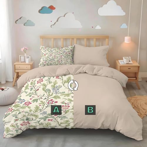 Housse de couette 240x260cm réversible en microfibre crème avec ses 2 taies d'oreiller