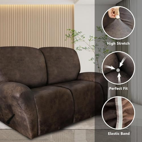 Image of molasofa Loveseat Recliner Slipcover Large Size Oversized - 6 Pieces Stretch Leather Like Recliner Sofa Cover for 2 Seat Dual Reclining Loveseat (Dark Brown)