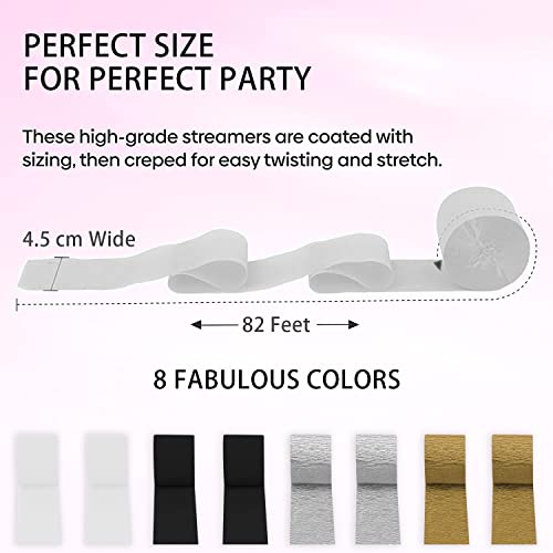 Beliueyes Crepe Paper Streamers 8 Rolls Black Gold Silver White Diy Hanging Tassels Flower Making For All Events Wedding Kids Birthday Party Baby Shower Decorations 1.8 Inch X 82 Ft/Roll #TOP2