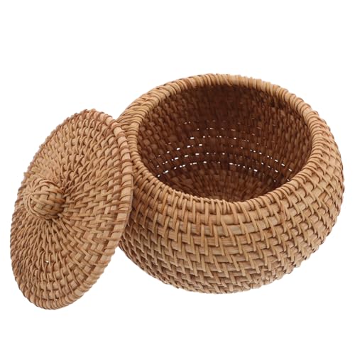 HOOTNEE Caja de Almacenamiento Redonda de Ratán Natural 15X12 CM con Tapa Cesta Tejida a Mano para Organización de Escritorio y Cocina Cesta Decorativa Pequeña para Almacenaje Doméstico