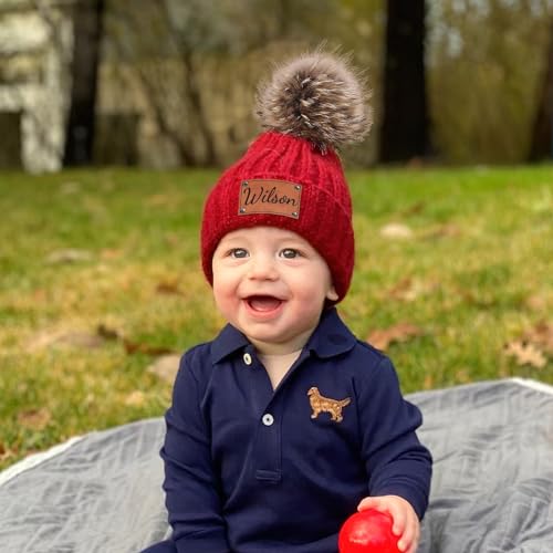 Custom Name Baby Beanies Grey Hats for Boys Girls - Personalized Leather Patch Beanies with Pompom for Kids Adults2