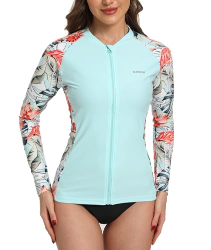 Image of SURFEASY Womens Rash Vest Long Sleeve Full Zipper | UPF50+ Sun Protection Rash Guard, Quick Dry & High Value for Ladies Water Sports(Light Blue Floral, M)