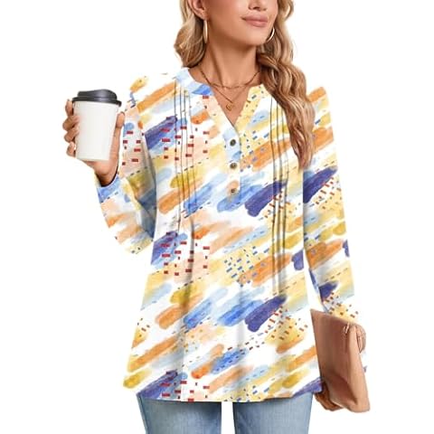 Bestbee Womens Long Sleeve Tops V Neck Tunics Button-Down Shirts Fall Dressy Blouses Casual T-Shirts, 2XL, Colorful Watercolor Pen Cover