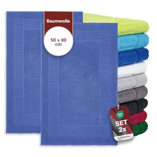 BaSaTex - 2er Pack Badvorleger für Dusche & Badewanne - Badematte Saugfähig & Schnelltrocknend in 50x80cm - Aus 100% Baumwolle & 800 g/m² - Duschvorleger Öko-Tex Made in Green zertifiziert - Royalblau