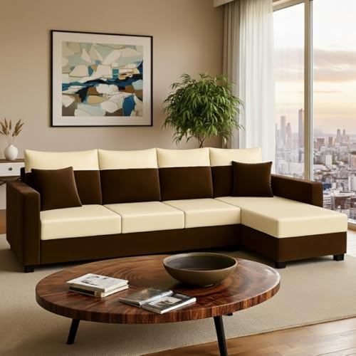 Image of Furny Arevva 6 Seater Fabric RHS L Shape Sofa Set (Cream-Dark Brown) | Soft Velvet Fabric | Modern Design | Comfortable Seating | Living Room Furniture