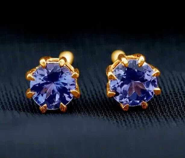 Generic 2.00Ct Round Cut Simulated Blue Tanzanite Stud Earrings 14K Yellow Gold Plated 925 silver