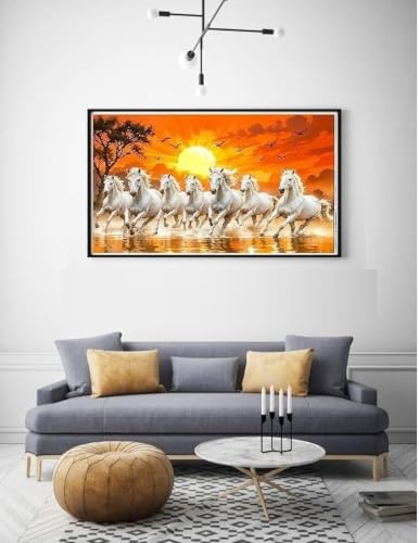 Image of Seven White Horses Running Vastu Vinyl Sticker, 13x19 inch, Self-Adhesive Wall Decor Poster, Living Room, Bedroom, Office
