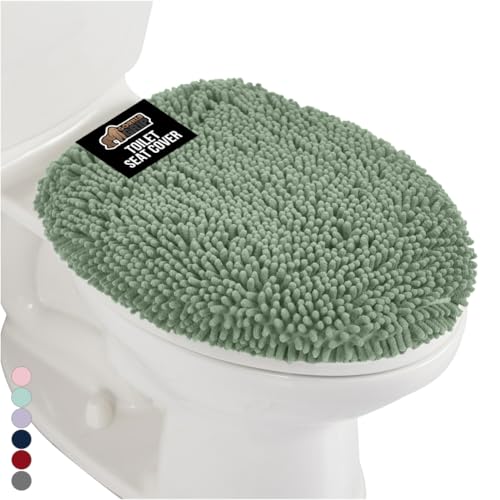 Image of Gorilla Grip Original Shag Chenille Bathroom Toilet Lid Cover, 19.5 x 18.5 Inches Large Size, Machine Washable, Ultra Soft Plush Fabric Covers, Fits Most Size Toilet Lids for Bathroom, Sage Green