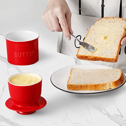 Porcelain Butter Keeper Crock, Vidalenta French Butter Dish With Lid For Countertop, 7.5 Oz Ceramic Butter Crock For Spreadable Fresh Butter, Farmhouse Butter Holder, Housewarming Gift, Red #TOP7