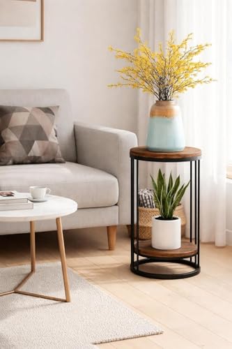 Image of Two-Tier End Tables: Contemporary Faux Marble Top Bedside Table End Table with Storage Shelf for Living Room and Home Side and Corner Table Sofa End Table (Black & Brown)