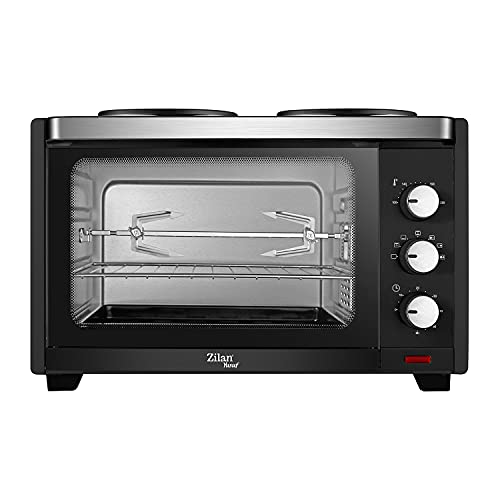 Zilan,Four Electrique Avec Cuisinières - Four Avec Tournebroche - Four à Convection - Avec Lampe Intérieure - Double Protection en Verre - Cuisinières à Deux Feux Electriques - 28 Litres