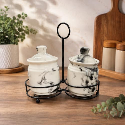 Image of Niyara Multipurpose Storage Ceramic Pickle set Jars & with Lid & tray (Set of 2, 300 ML) (MARBLE WHITE)