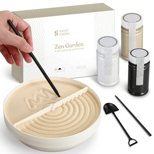 Special Supplies Zen Garden Sand Spinner – Self Spinning Sandscape for Desk, Mindfulness Kit, Stress Relief, Sensory Therapy Tools- Zen Garden Kit- White