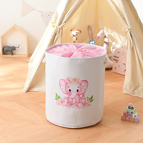Inough Extra Large Hamper For Baby Girl,Elephant Baby Hamper For Nursery, 58L Pink Laundry Basket Gift Bags For Girls Canvas Toy Storage Basket For Play Room Kids Room College Dorms Bedroom #TOP2
