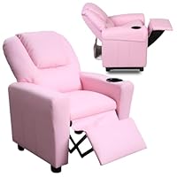 Kids Recliner Chair w/Cup Holder, Toddler Recliner Chair Ages 1-4, 2-in-1 PU Leather Single Sofa for Boys/Girls, Kids Lazy Boy Chairs, Upholstered Armchair, Adjustable Backrest & Footrest (Pink)