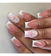 3D Flower Press on Nails Medium Square Fake Nails White French Tip False Nails Press ons with Flo...