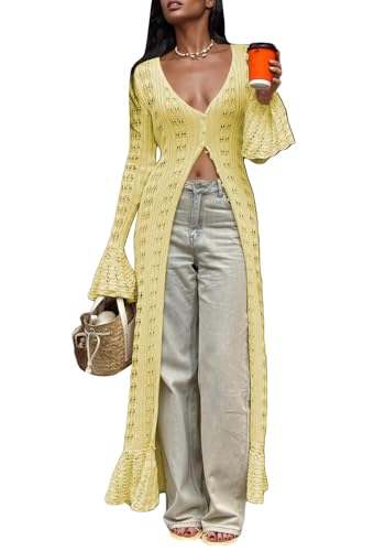 Image of Unybwonn Long Cardigans for Women Crochet Hollow Out Knit Sweater Cover up Maxi Dress Long Sleeve Button Down Cardigan