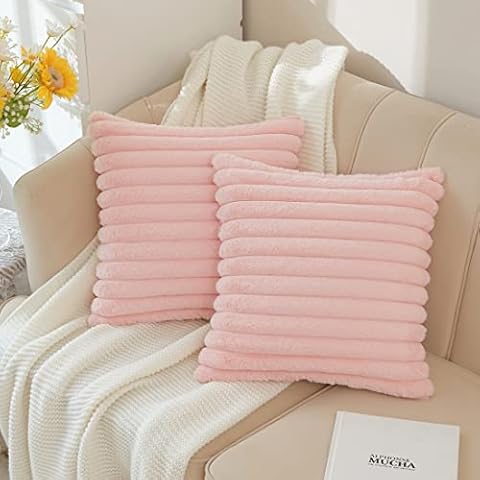 Uhomy Set of 2 Faux Fur Home Decorative Throw Pillow Cover Luxury Super Soft Fuzzy Striped Furry Pillowcase for Sofa Couch Bedroom Comfy Thick Fluffy Plush Cushion Cover 18x18 Inch Bright Pink 45 cm Cover