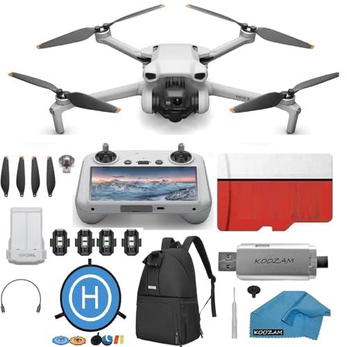 DJI Mini 3 Drone with DJI RC Screen remote Kit Camera Drone Bundle, with 128 GB SD, 3.0 USB Card Reader, Landing Pad, Backpack, Strobe lights and More